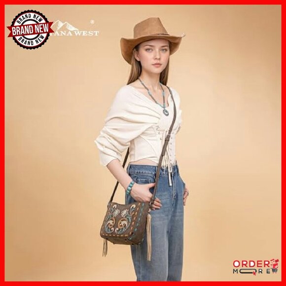 Western Embroidered Crossbody Bag with Tassels, 10x6x3 Inches - Picture 3 of 7